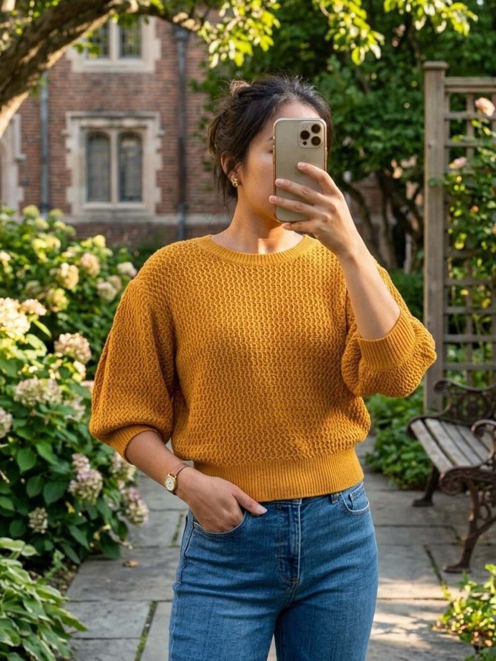 ASTR the Label Mustard Yellow Open Knit Puff Sleeve Sweater (S)